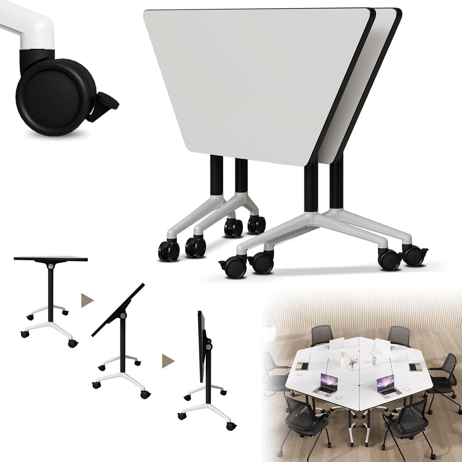 Conference Table, Folding Conference Room Tables, Mobile Meeting Table Large Rectangle Foldable Training Seminar Tables with Silent Wheels, Modern Desk for Classroom Office Boardroom (4Pack L55.1in)