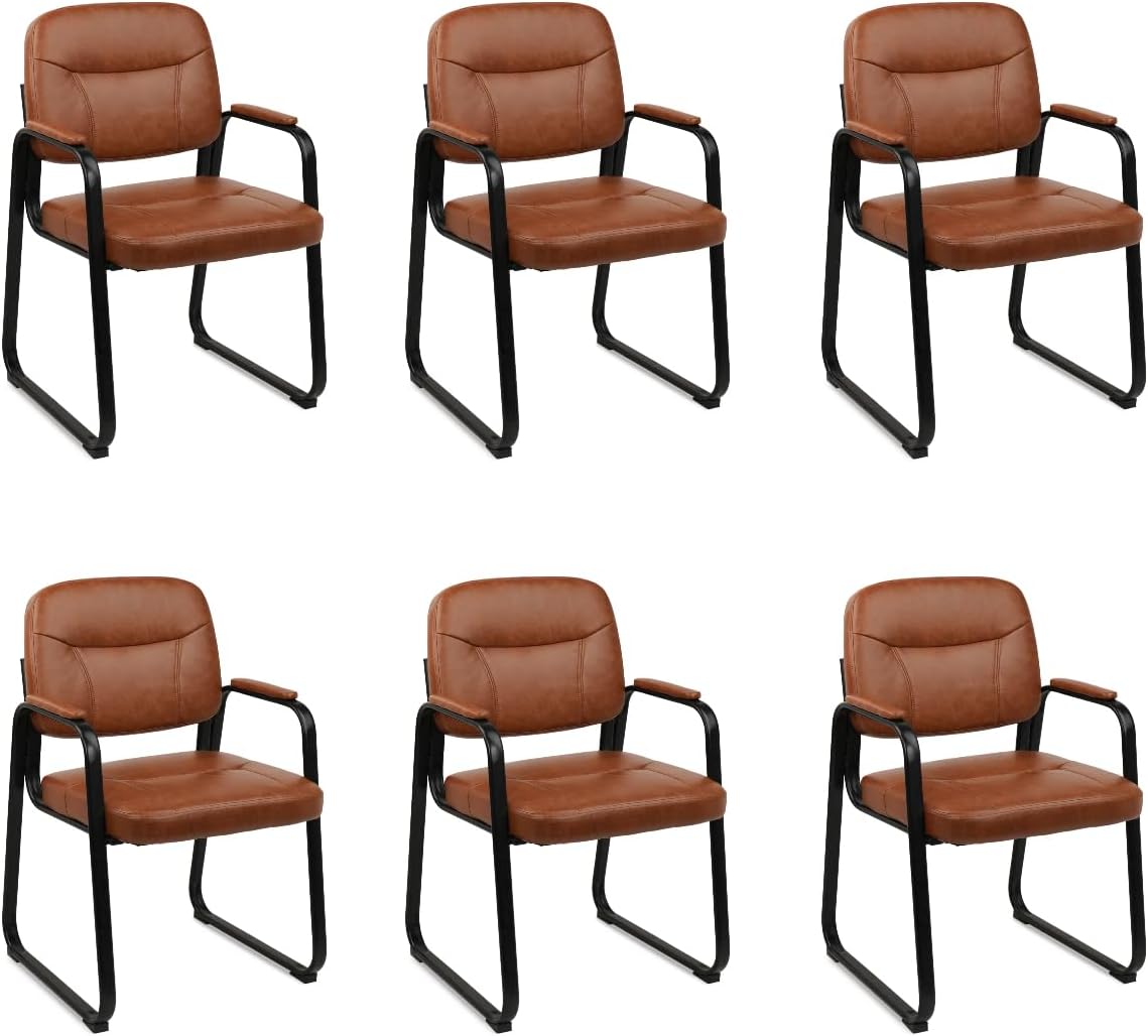 CLATINA Waiting Reception Chairs No Wheel, Leather Guest Chair with Padded Arms, Modern Brown Office Desk Chairs with Sled Base for Office Meeting Conference Room Lobby Home Living Room (4 Pack)