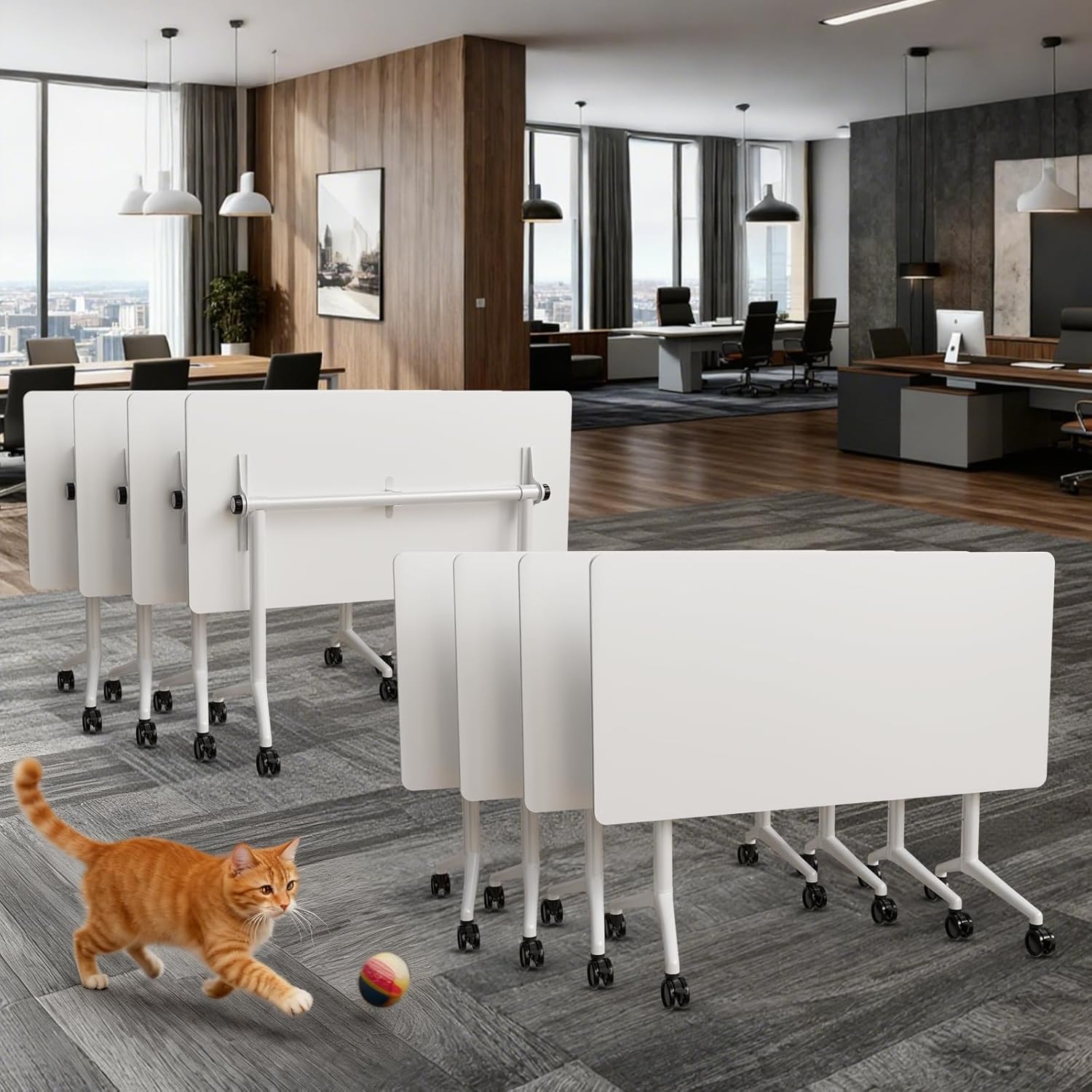 Conference Table White,Folding Rectangular Flip Top Conference Room Tables with Wheels for Large Meeting Seminar Home Office Classr (2, 55.1in)