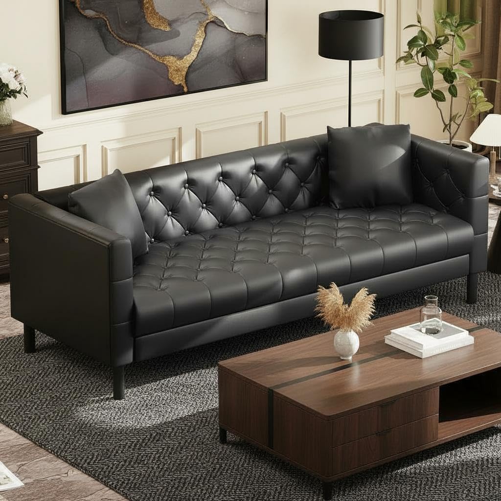 GarveeHome 81 in Leather Couch for Living Room, Modern Leather Sofa with Deep Seat, Handmade Button Tufted 3 Seater Sofa, Chesterfield Couch for Apartment, Office, Black