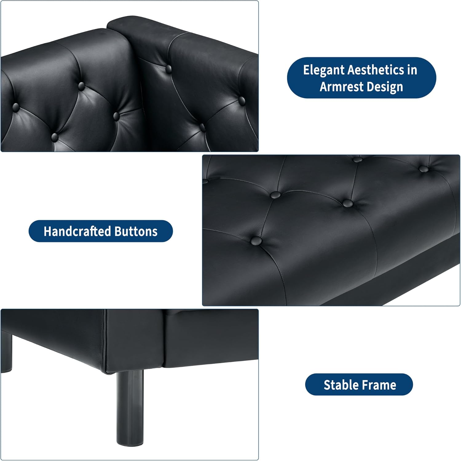 GarveeHome 81 in Leather Couch for Living Room, Modern Leather Sofa with Deep Seat, Handmade Button Tufted 3 Seater Sofa, Chesterfield Couch for Apartment, Office, Black