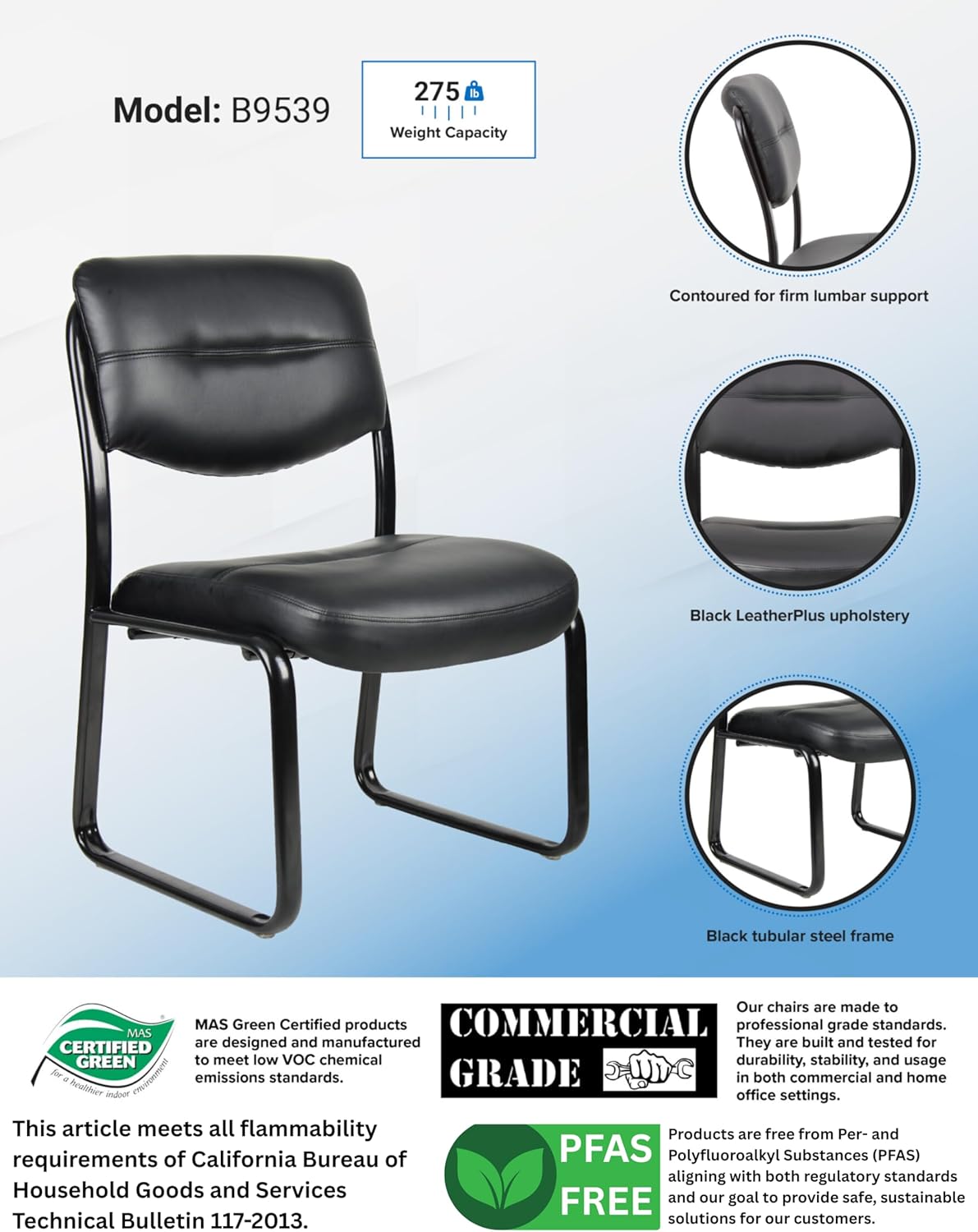 Boss Office Products B9539 Leather Sled Base Side Chair in Black, 250