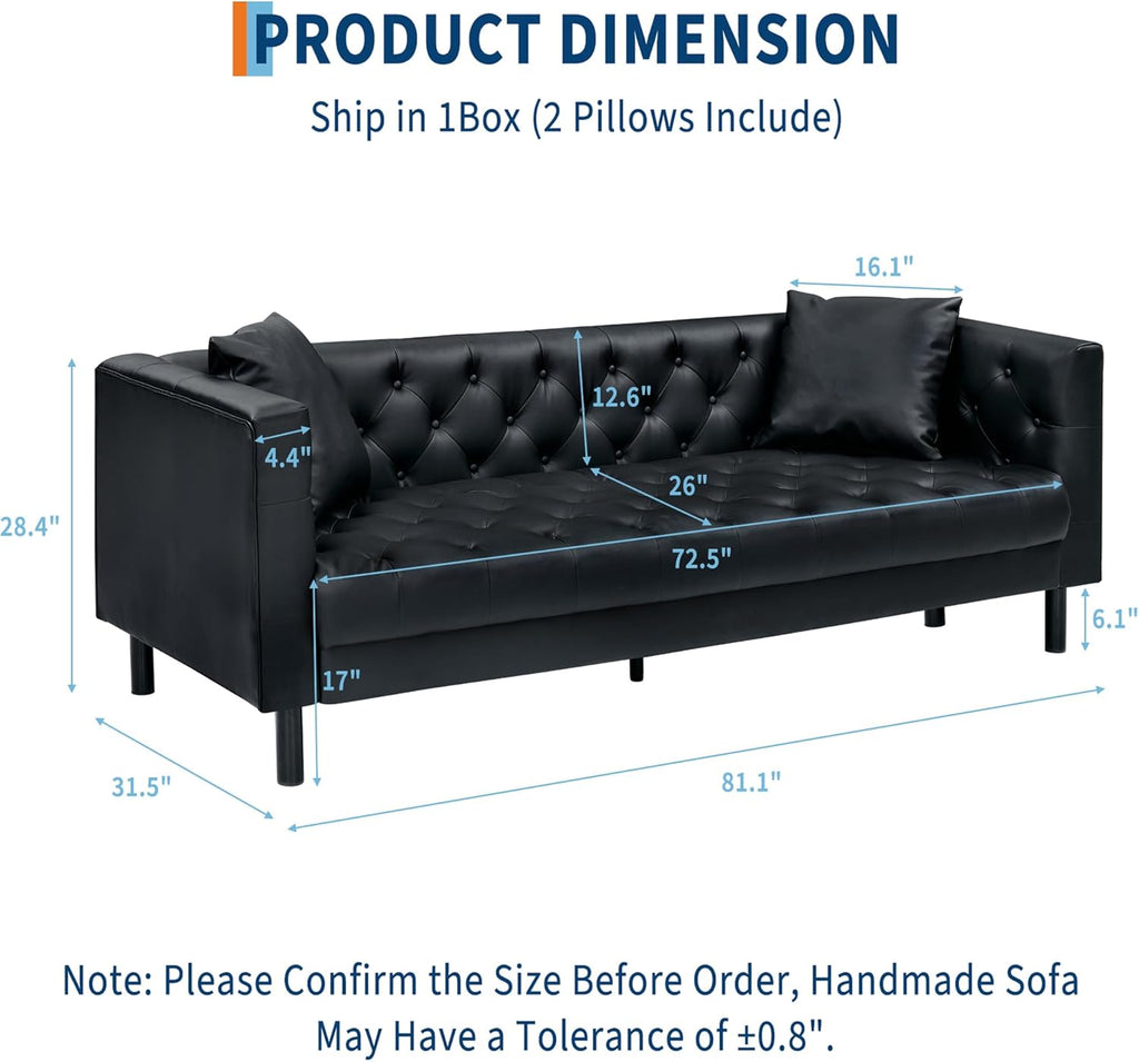 GarveeHome 81 in Leather Couch for Living Room, Modern Leather Sofa with Deep Seat, Handmade Button Tufted 3 Seater Sofa, Chesterfield Couch for Apartment, Office, Black