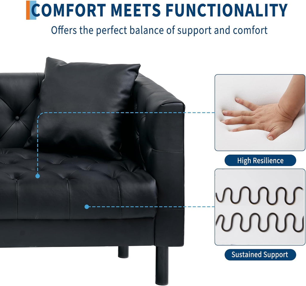 GarveeHome 81 in Leather Couch for Living Room, Modern Leather Sofa with Deep Seat, Handmade Button Tufted 3 Seater Sofa, Chesterfield Couch for Apartment, Office, Black