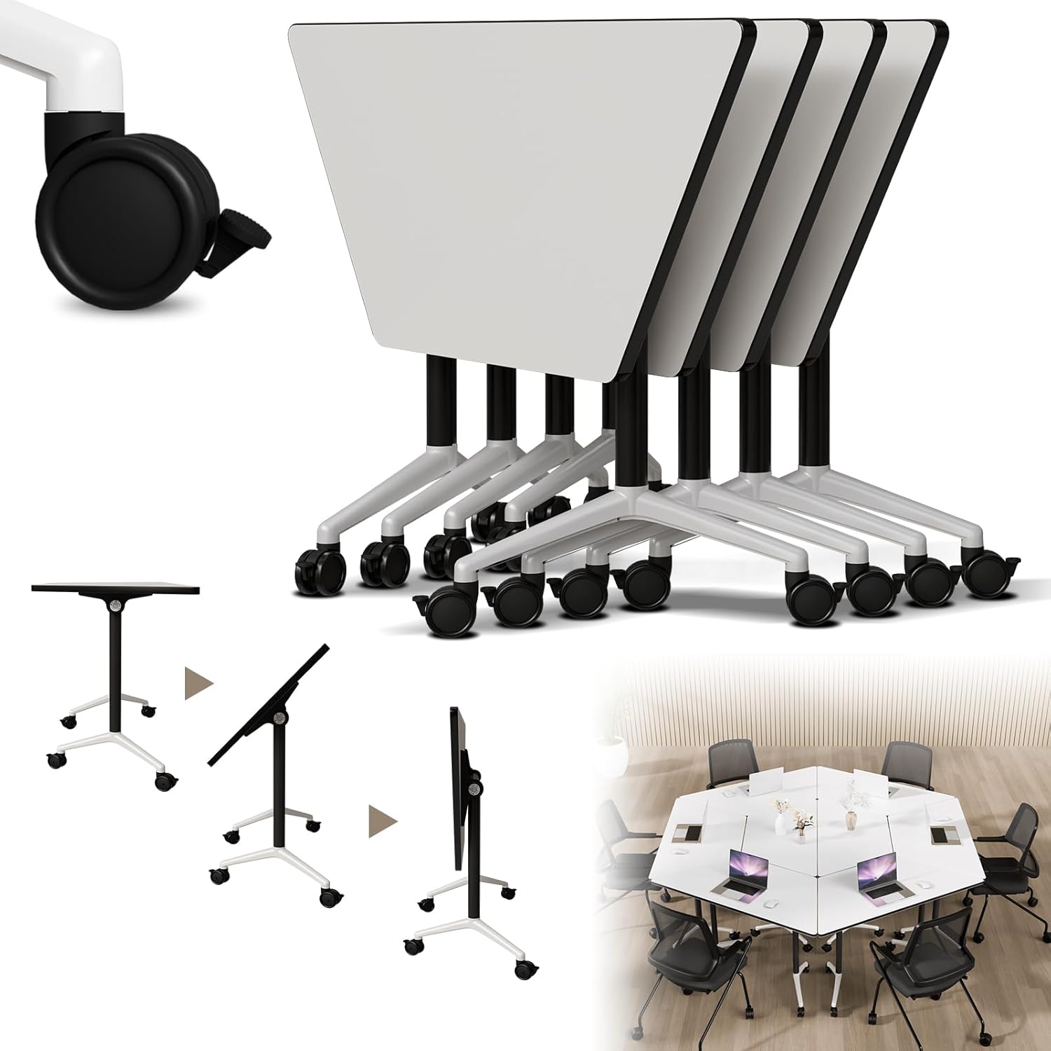 Conference Table, Folding Conference Room Tables, Mobile Meeting Table Large Rectangle Foldable Training Seminar Tables with Silent Wheels, Modern Desk for Classroom Office Boardroom (4Pack L55.1in)