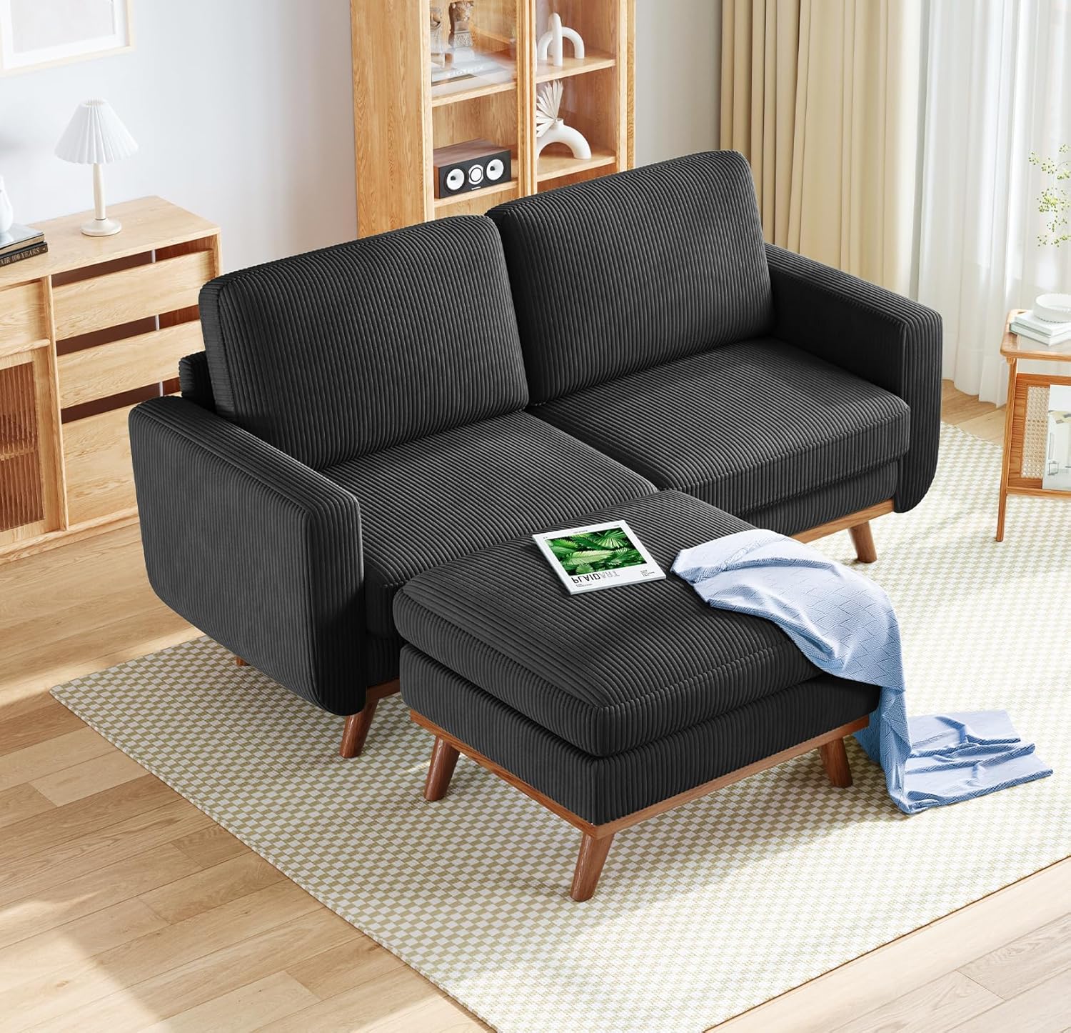 Vesgantti 68" Loveseat Sofa Black, Comfy Corduroy Couch with Spring Cushion and Solid Wood, Modern Extra Deep Seat for Bedroom, Living Room, Office