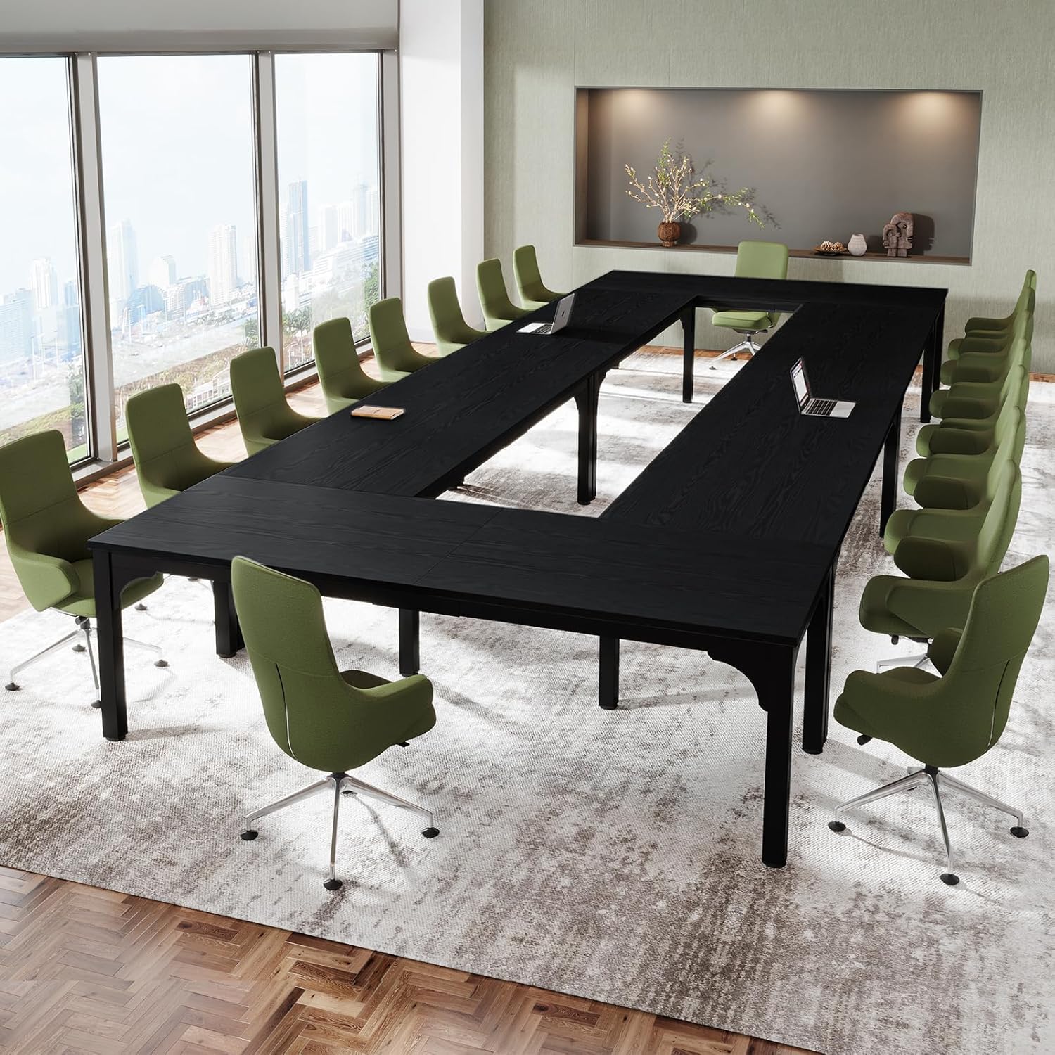 13FT Conference Table, Super Sturdy Large Rectangle Meeting Seminar Table for 16 Person, Long Business Tables, 4 Pcs Brown