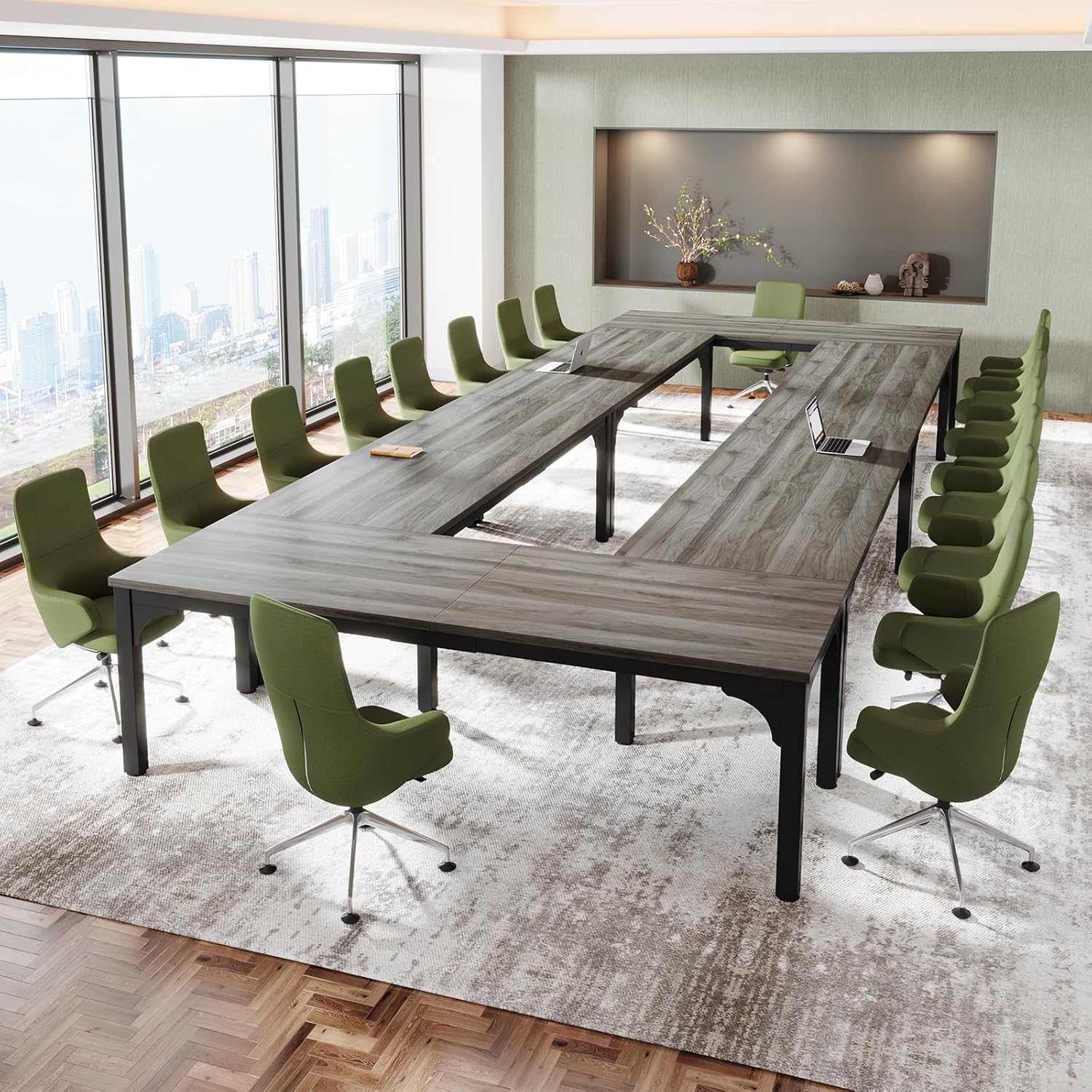 13FT Conference Table, Super Sturdy Large Rectangle Meeting Seminar Table for 16 Person, Long Business Tables, 4 Pcs Brown
