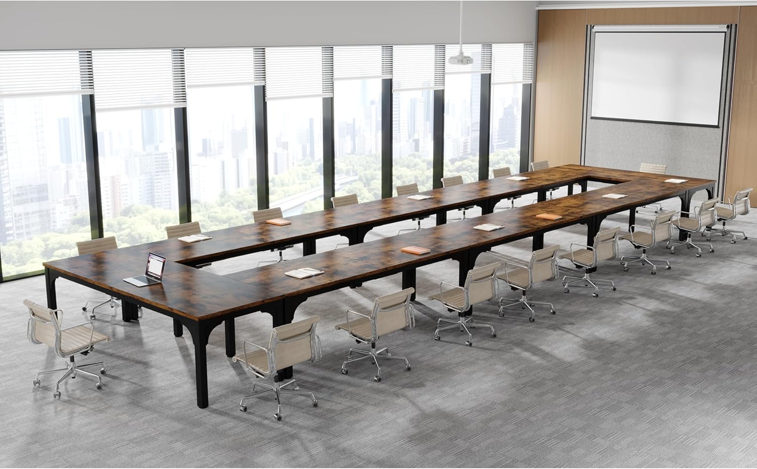 13FT Conference Table, Super Sturdy Large Rectangle Meeting Seminar Table for 16 Person, Long Business Tables, 4 Pcs Brown