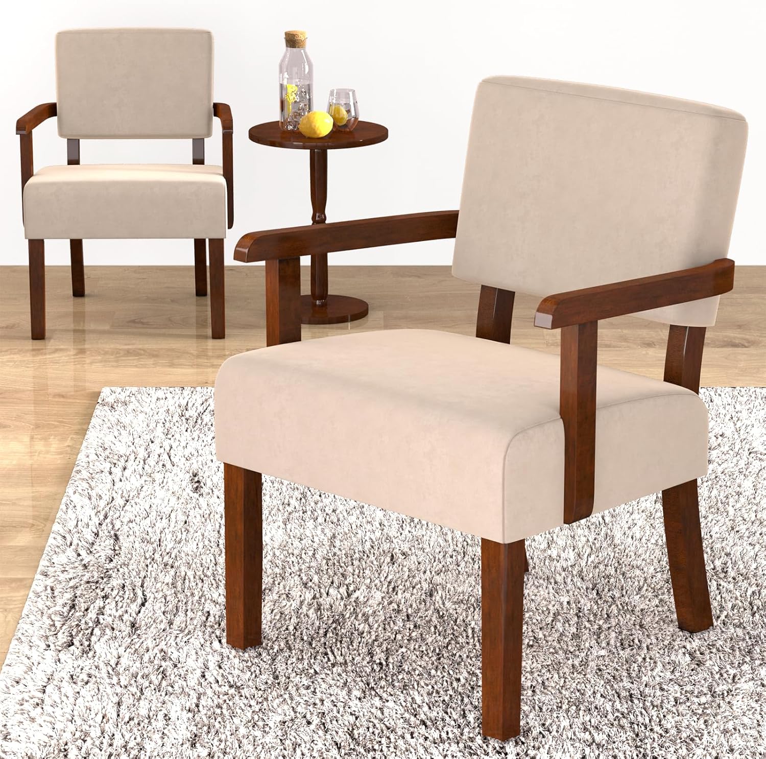 Accent Chair Set of 2 with Table, Living Room Chairs with Soft Seat and Armrests for Living Room Bedroom Reading Room Waiting Room (Beige) (AC01)