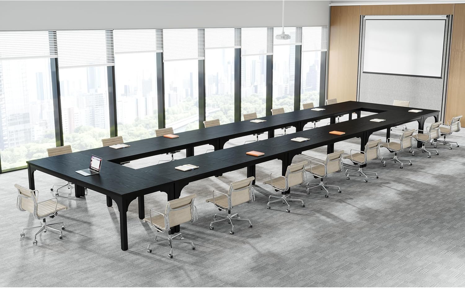 13FT Conference Table, Super Sturdy Large Rectangle Meeting Seminar Table for 16 Person, Long Business Tables, 4 Pcs Brown