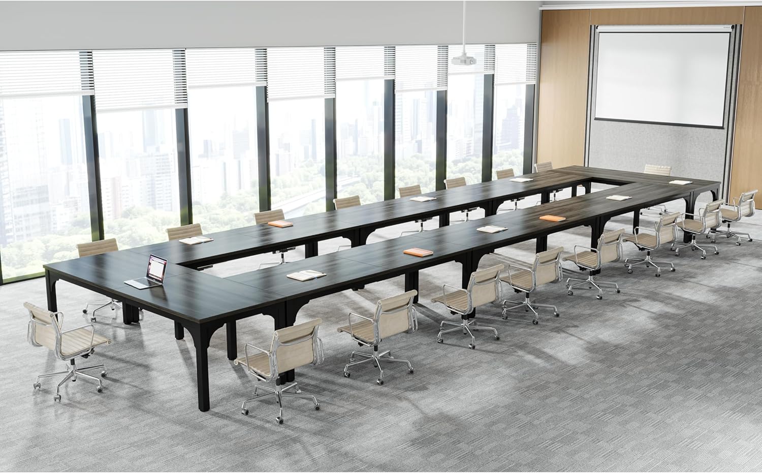 13FT Conference Table, Super Sturdy Large Rectangle Meeting Seminar Table for 16 Person, Long Business Tables, 4 Pcs Brown