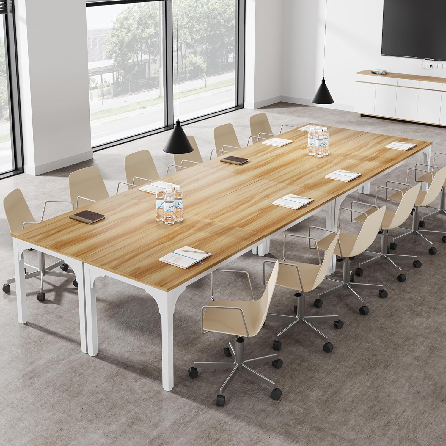 13FT Conference Table, Super Sturdy Large Rectangle Meeting Seminar Table for 16 Person, Long Business Tables, 4 Pcs Brown