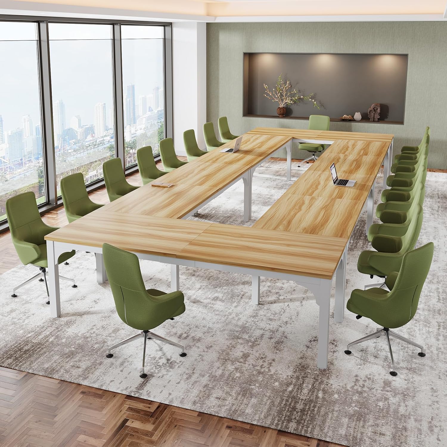 13FT Conference Table, Super Sturdy Large Rectangle Meeting Seminar Table for 16 Person, Long Business Tables, 4 Pcs Brown