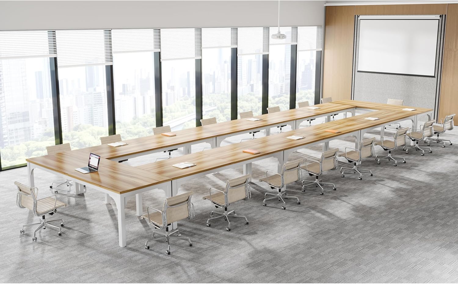 13FT Conference Table, Super Sturdy Large Rectangle Meeting Seminar Table for 16 Person, Long Business Tables, 4 Pcs Brown