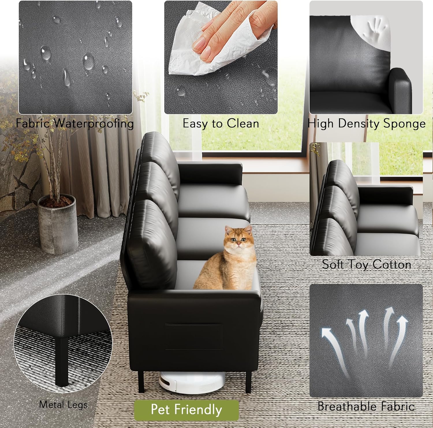 STHOUYN 72" W Faux Leather Black Sofa 3 Seat Couch, Modern Comfy Couch with 2 USB, Small Couches for Living Room Apartment Bedroom Small Spaces, Office(Black (Sofa))